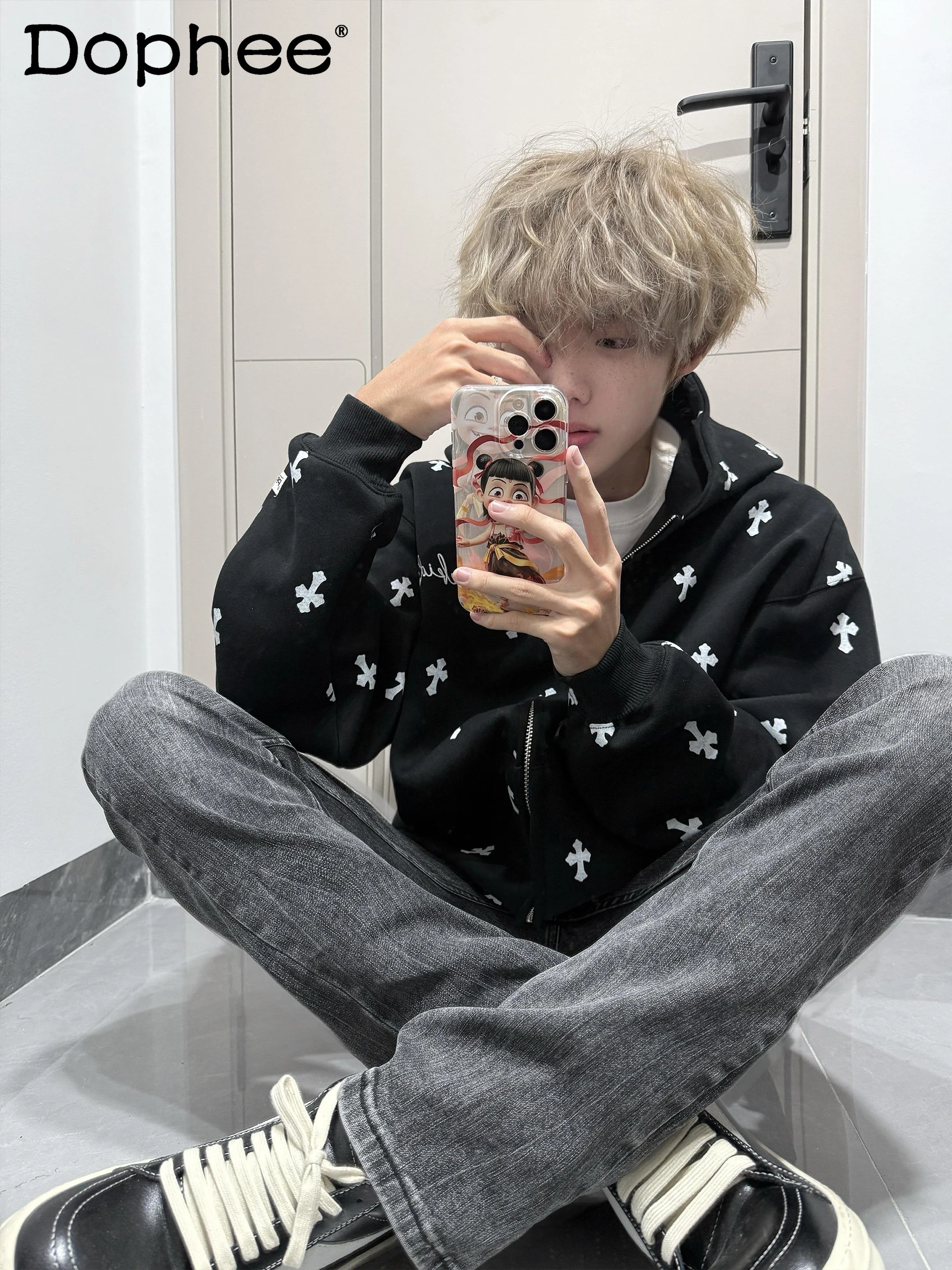 2025 New American Retro Cross Print Hoodie Men's Autumn Winter Couple Loose Versatile Cardigan Jacket Top