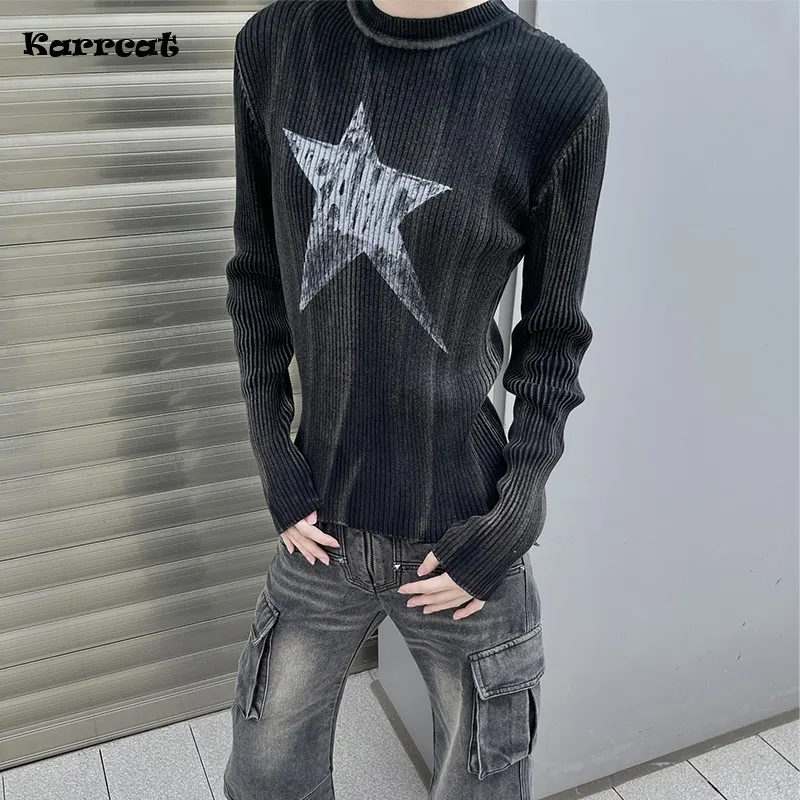 Karrcat-Jersey de punto con estética Grunge, Jersey Vintage desgastado, Punk, acanalado, americano, Retro, lavado, negro, Y2k