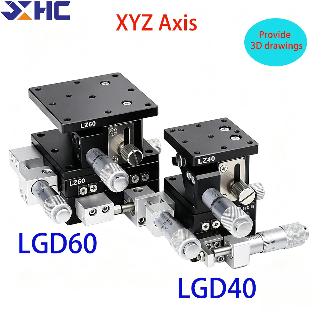 XYZ Axis 40mm 60mm LGD40 LGD60 LGD40-LM LGD60-LM Fine‑Tuning Manual Displacement Platform Cross Roller Guide Linear Slide Stage