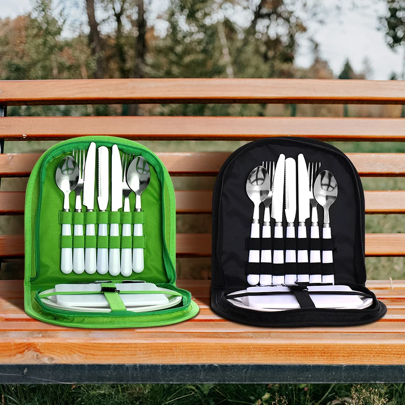 

Camping Dishes Set Stainless Steel Tableware Set Picnic Set Storage Bag Ceramic Handle Tableware Portable Camping Cutlery Set