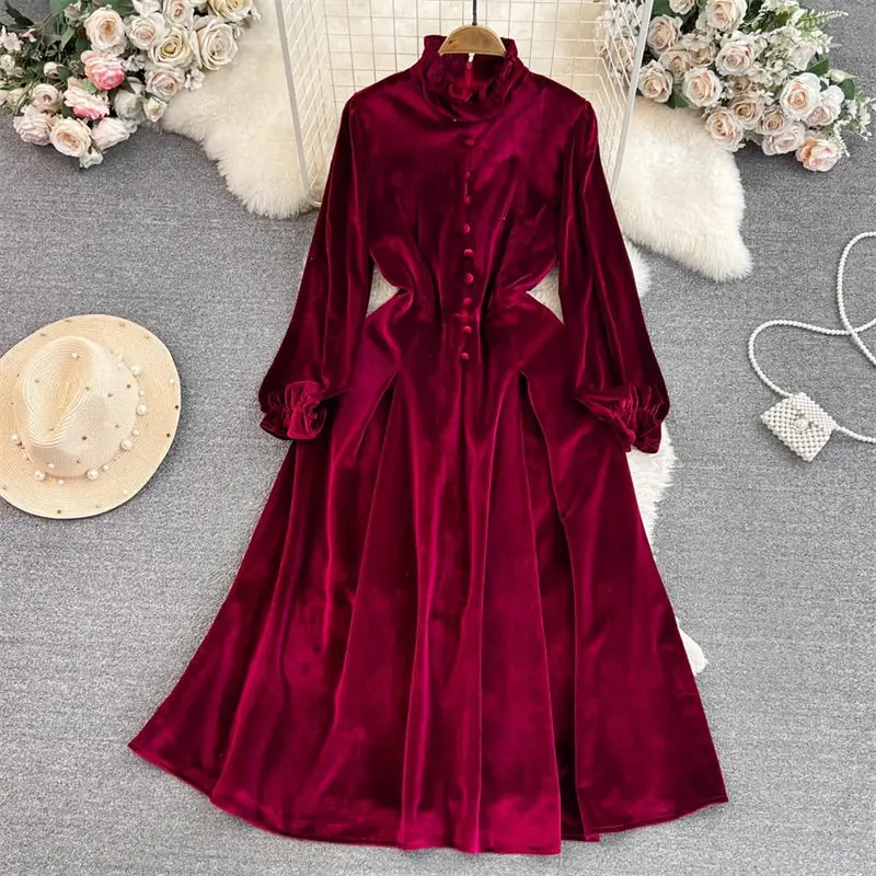 

Vintage Velvet Dress Women Long Palace Style Fashion Standing Neck Slim A-Line Elegant Autumn And Winter Dress For Party Z2729