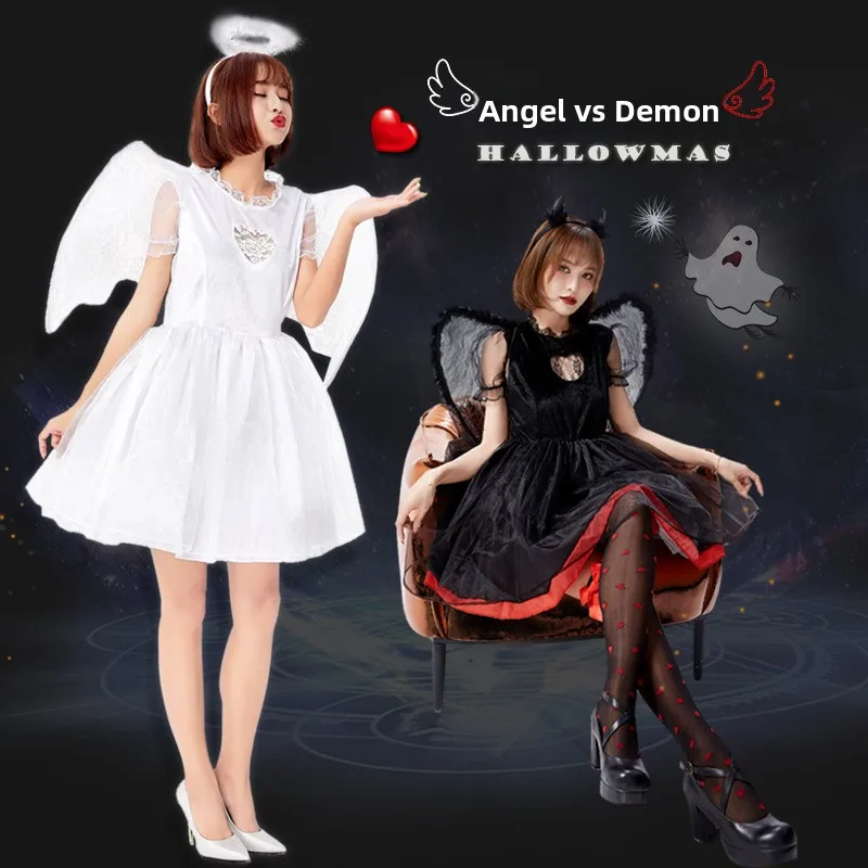 Fsia de loween de Anjo Caído com Saia Curta e Asas, orme de Cosplay, Fsia Dólica em Preto e Branco