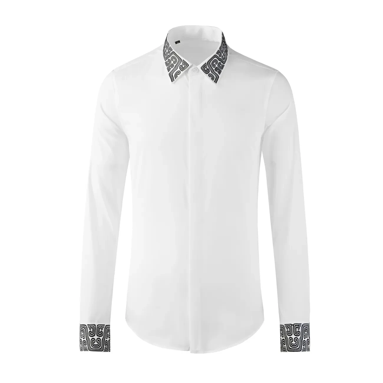 

Slim Fit Long Sleeve Embroidered Shirt Geometric Stripe Stitching Men's Fashion I.T Stylish Traditional Chinese Clothing