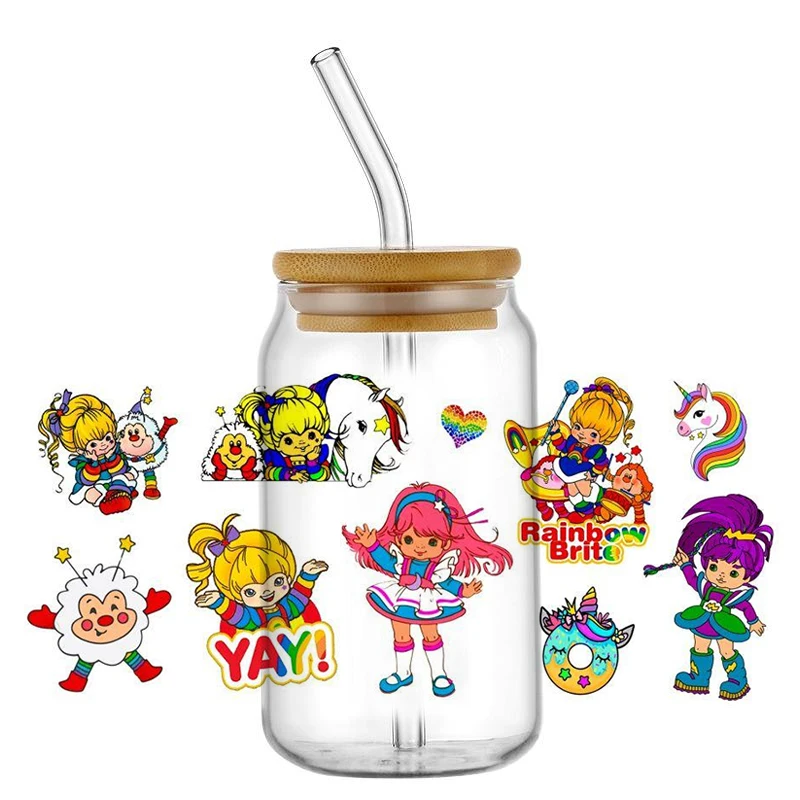 Popular Cartoon Rainbow Retro design 16oz UV DTF 3D Transfer Sticker cup Wrap Decals For Glass Can Cup Craft DIY Creative