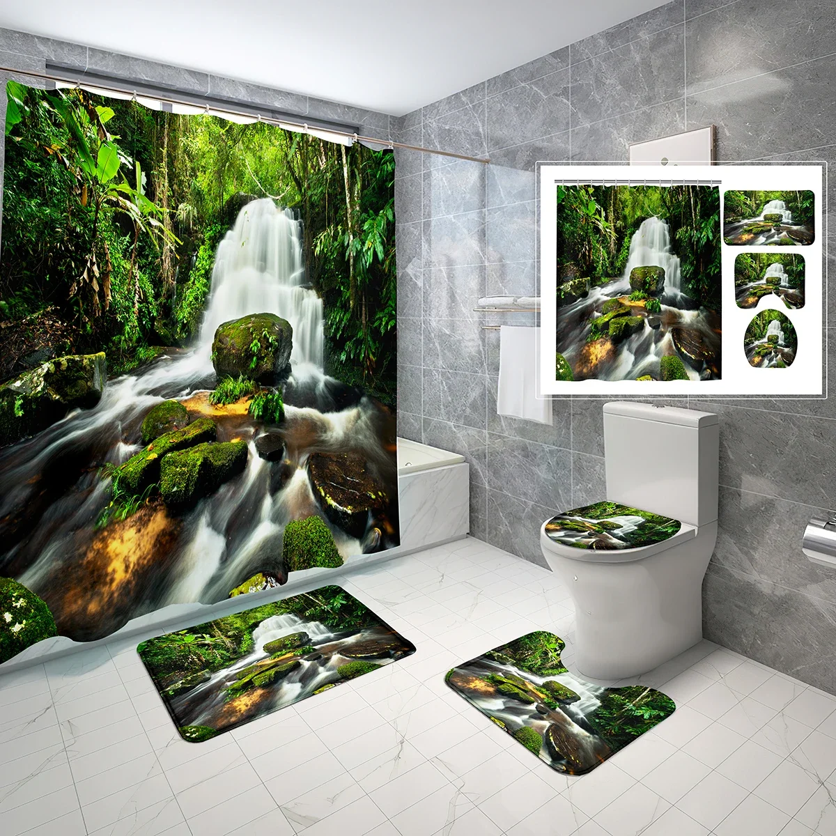 

Summer Tropical Forest 4 Piece Shower Curtain Set Natural Landscape Jungle Rainforest Print Non-Slip Bath Mat Toilet Lid Cover
