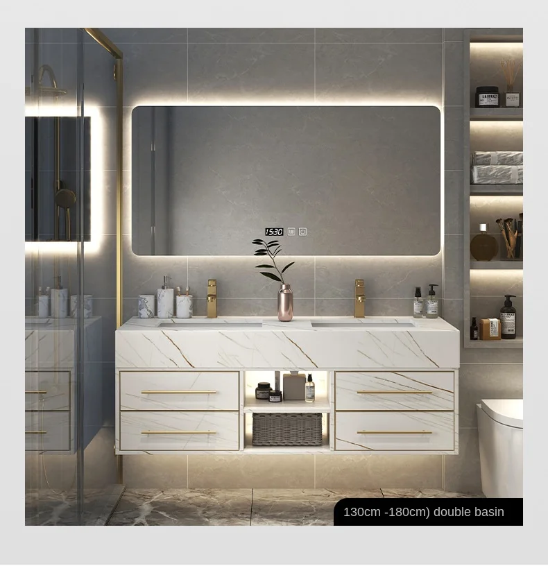 Armário de banheiro de luxo com luz moderna, bancada de granito artificial, espelho inteligente, durável, resistente à água, 5 anos de garantia