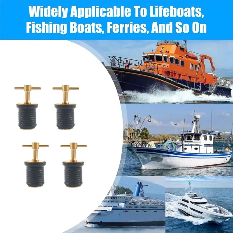 Brass T-Handle Drain Plug Twist-Turn Seal Design, For 1Inch Marine Boat Drains Locks- 4PCS Rubber Replacement Plugs Included