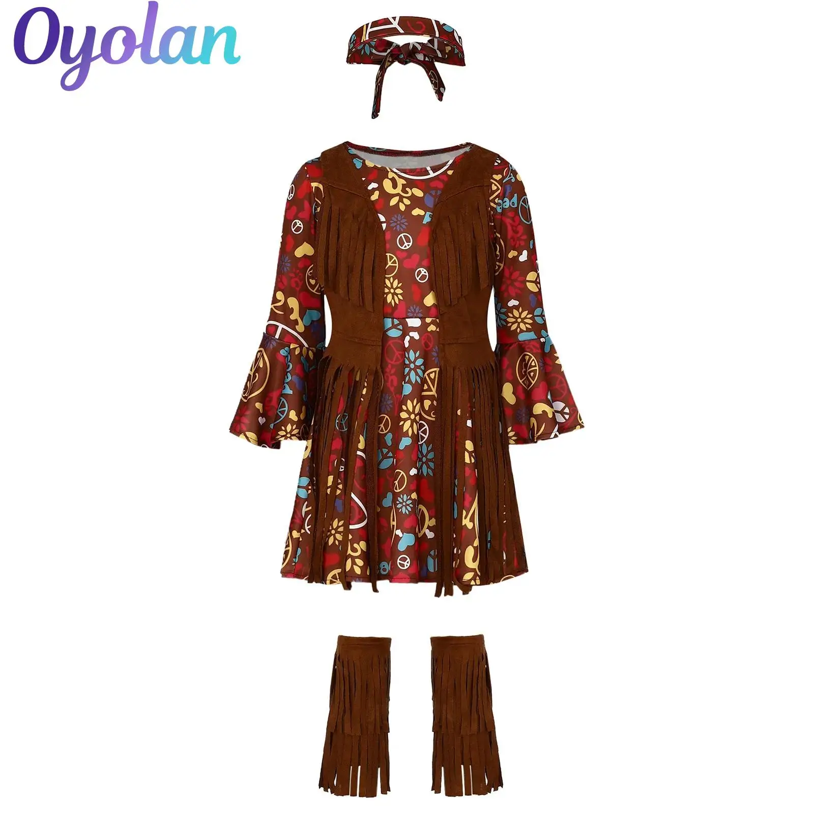

Girls Retro 60s 70s Tassels Hippie Halloween Costume Halloween Party Cosplay Outfit Groovy Print Long Flare Sleeve Hip Hop Dress
