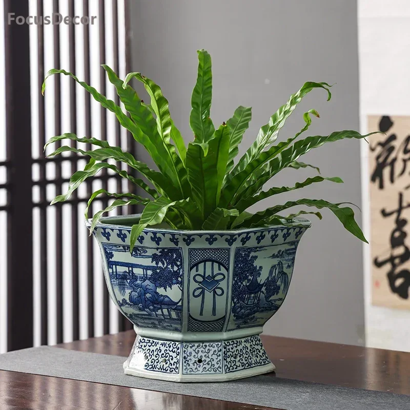 Maceta azul y blanca, florero, macetero de estilo antiguo, maceta de cerámica azul china