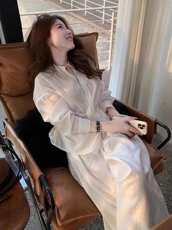 

Весенний модный комплект 2025: элегантный костюм из двух предметов с V-образным вырезом, рубашка с длинным рукавом и брюки с широкими штанинами для женщин