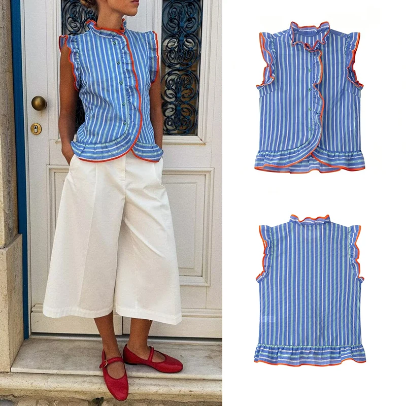 Camisa sin mangas para mujer con rayas verticales azules y detalles de volantes, cuello alto, botones frontales, dobladillo cruzado asimétrico, para verano