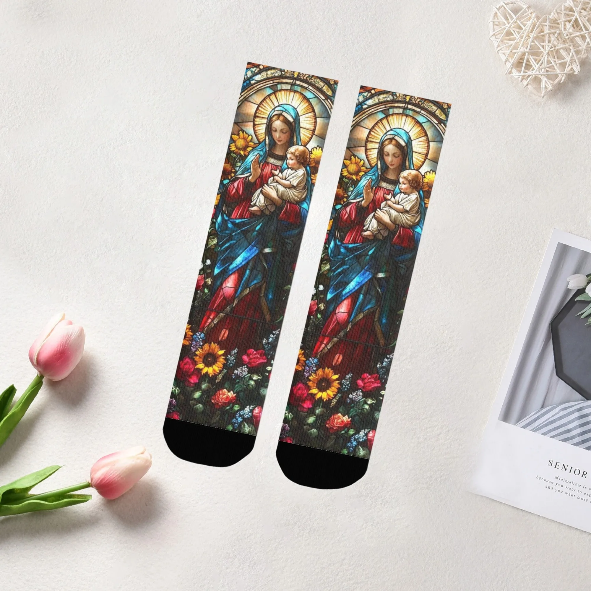 

Unisex Sacred Virgin Mary Socks Soft White Base with Minimalist Line-art Stained-glass Madonna Trendy for Religious Gathering