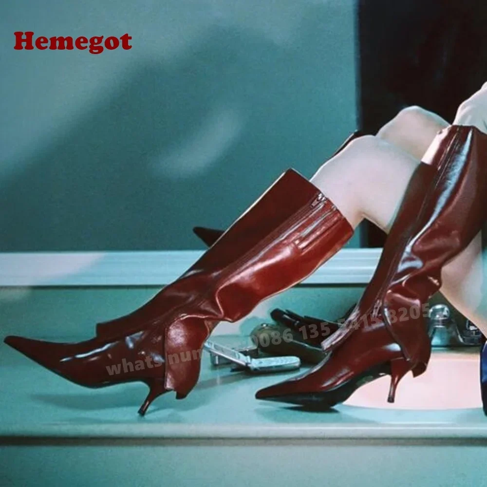 

Burgundy Kitten Heels Women's Boots Pointy Toe Flip Up Side Zipper Stiletto Knee High Boots Solid Glossy Leather Casual Shoes