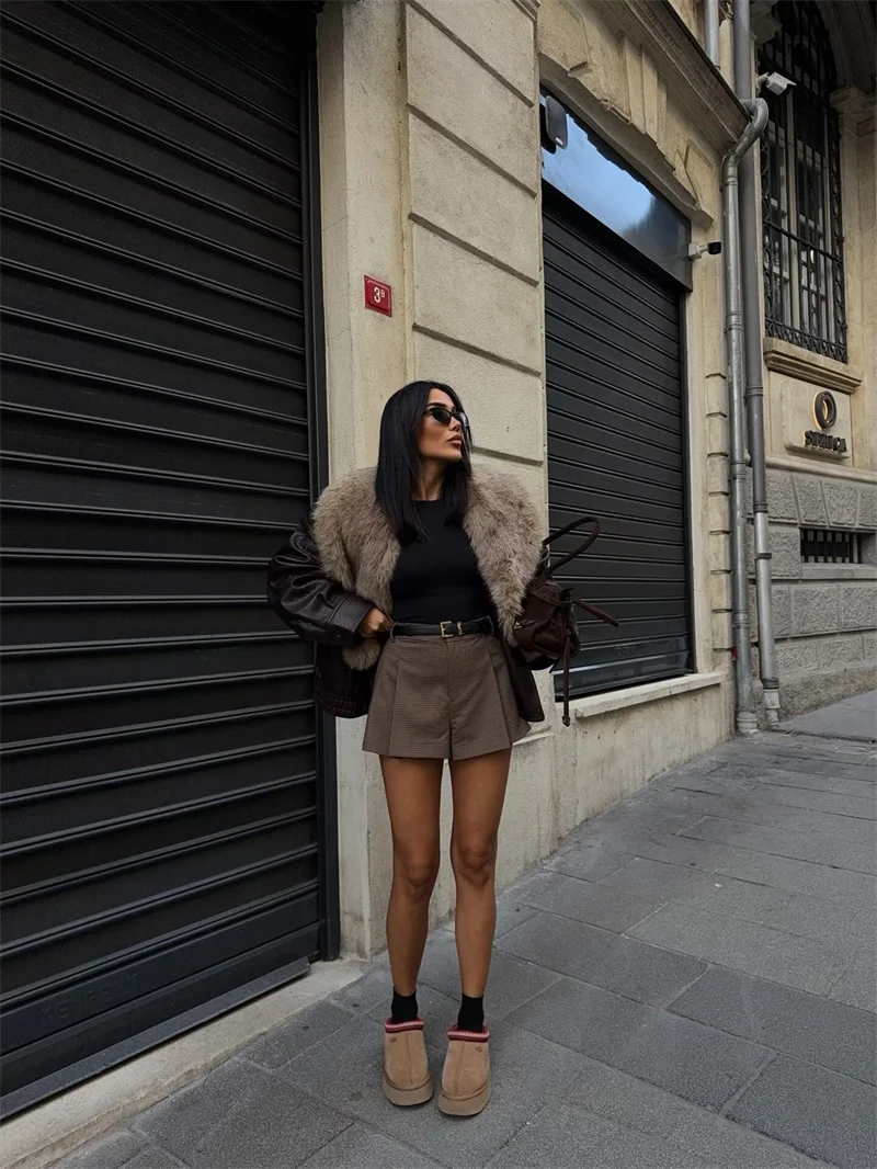 سترة نسائية من الجلد الصناعي مع ياقة قابلة للفصل وياقة كبيرة من الفرو كاجوال من الجلد الدافئ للخريف والشتاء #2