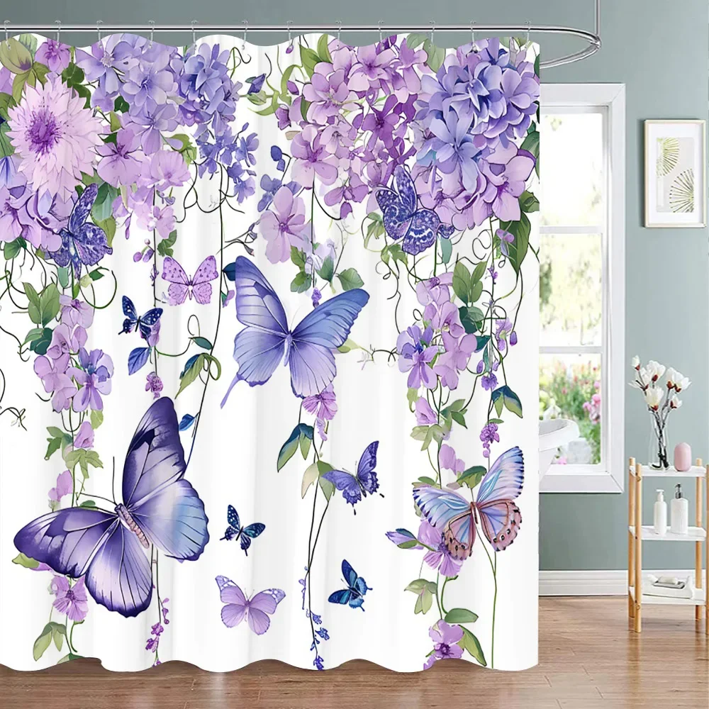 Beautiful Floral and Butterfly Print Shower Curtain Natural Botanical Floral Home Art Shower Curtains Bathroom Decor With Hooks