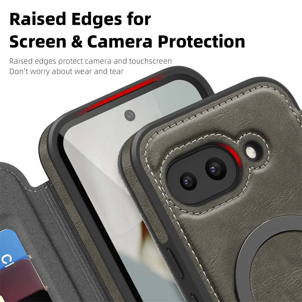 Luksusowe etui na telefon z magnetycznym zamknięciem, skórzanym uchwytem na karty i magnetycznym zapięciem, przeznaczone do modeli Google Pixel 11, 10, 8, 9 Pro XL, 9A. Jednolity kolor, eleganckie etui w stylu biznesowym. — zdjęcie produktu 5