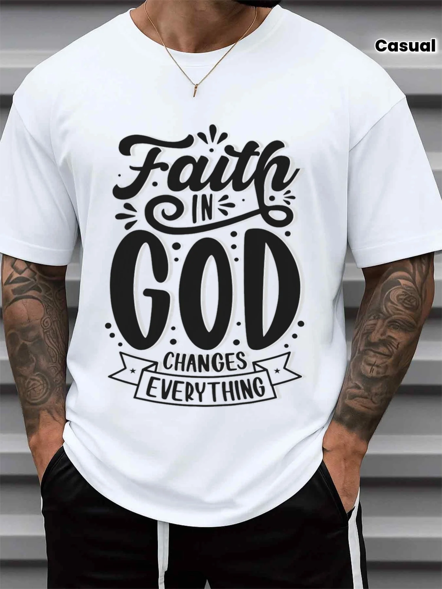 Men's Faith Changes Everything T-Shirt - Pure White Short-Sleeved Shirt with a Divine Image Print, Suitable for Casual Religious Wear in Churches, Daily Wear, and as a Gift