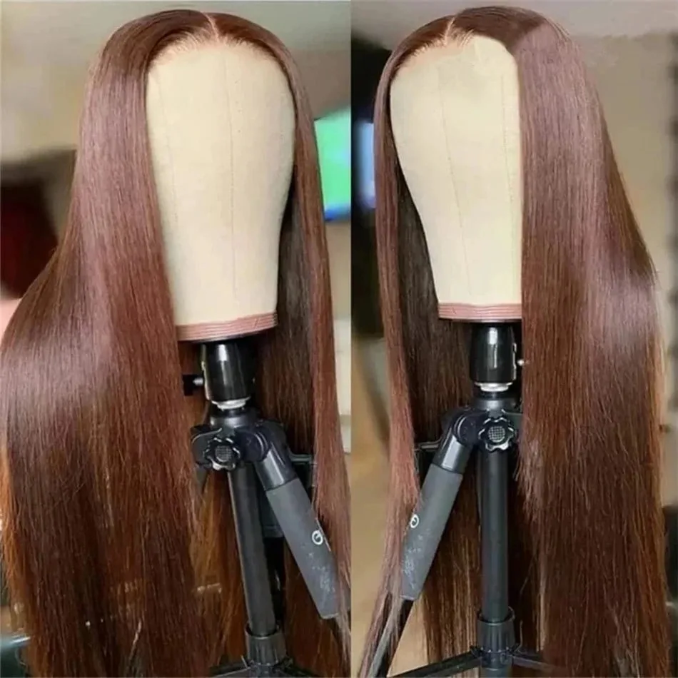 Chocolate Brown Straight Human Hair Wigs for Women, 34 Inch Long 13x4 Lace Front Wig, 180%/200%/250% Density, Natural Looking