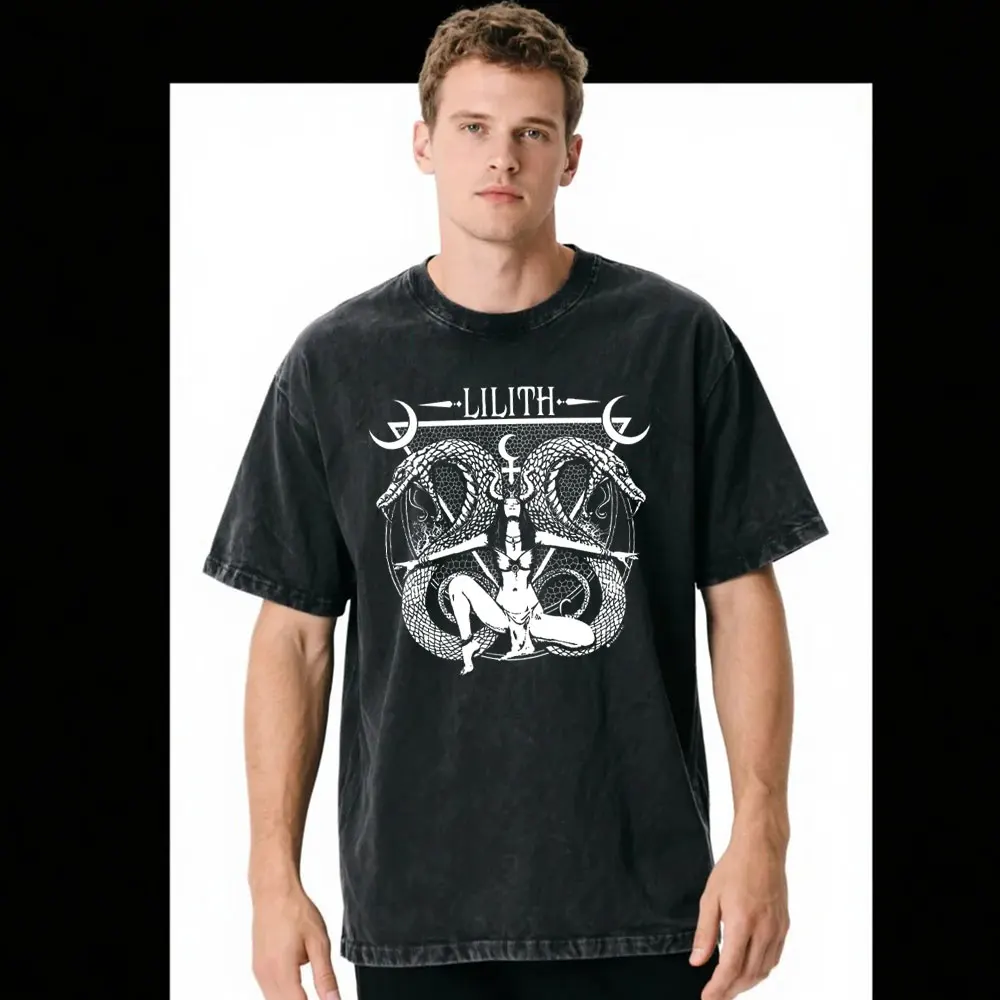 Lilith Pagan Goddess T-Shirt Gothic Style Graphic Men Shirt Fashion Streetwear Unisex Vintage Washed Cotton Black Lilith T-shirt