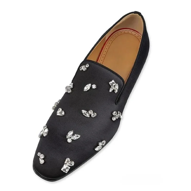 New Arrival Black Satin Diamond Loafers Men Rhinestone Shoes Luxury Slip On Dress Shoes Mens Party And Wedding Shoes