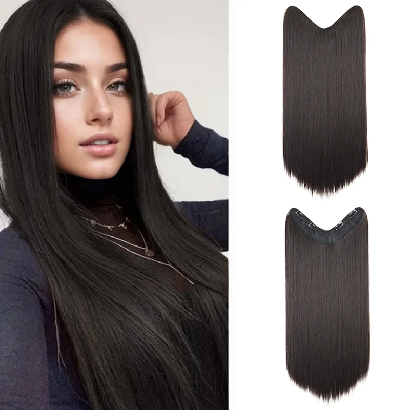 

24Inch Synthetic Long Straight V-Shaped Hair Extension One Piece Clip in Hair Black Blonde Hairpiece for Women
