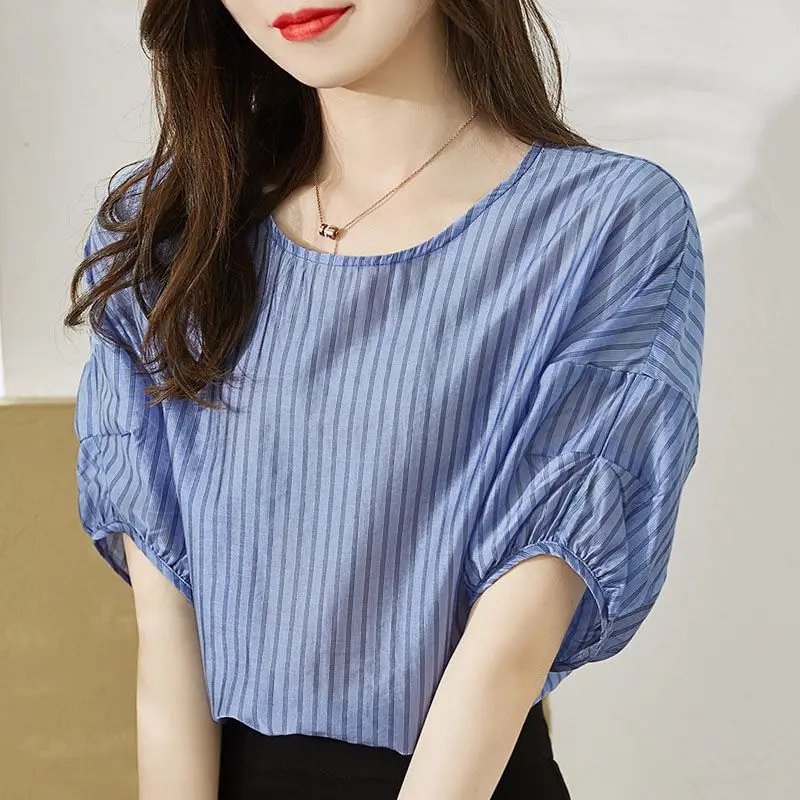 Loose Summer Women Blouse New High-quality Puff Sleeve Striped O-collar Casual All-match Lady Pullover Chiffon Shirt 2023