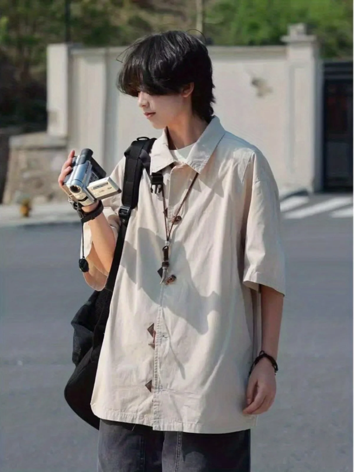 

Мужская повседневная рубашка свободного кроя с воротником-стойкой на пуговицах в японском стиле, универсальная, для весны и лета, для молодежи и пар