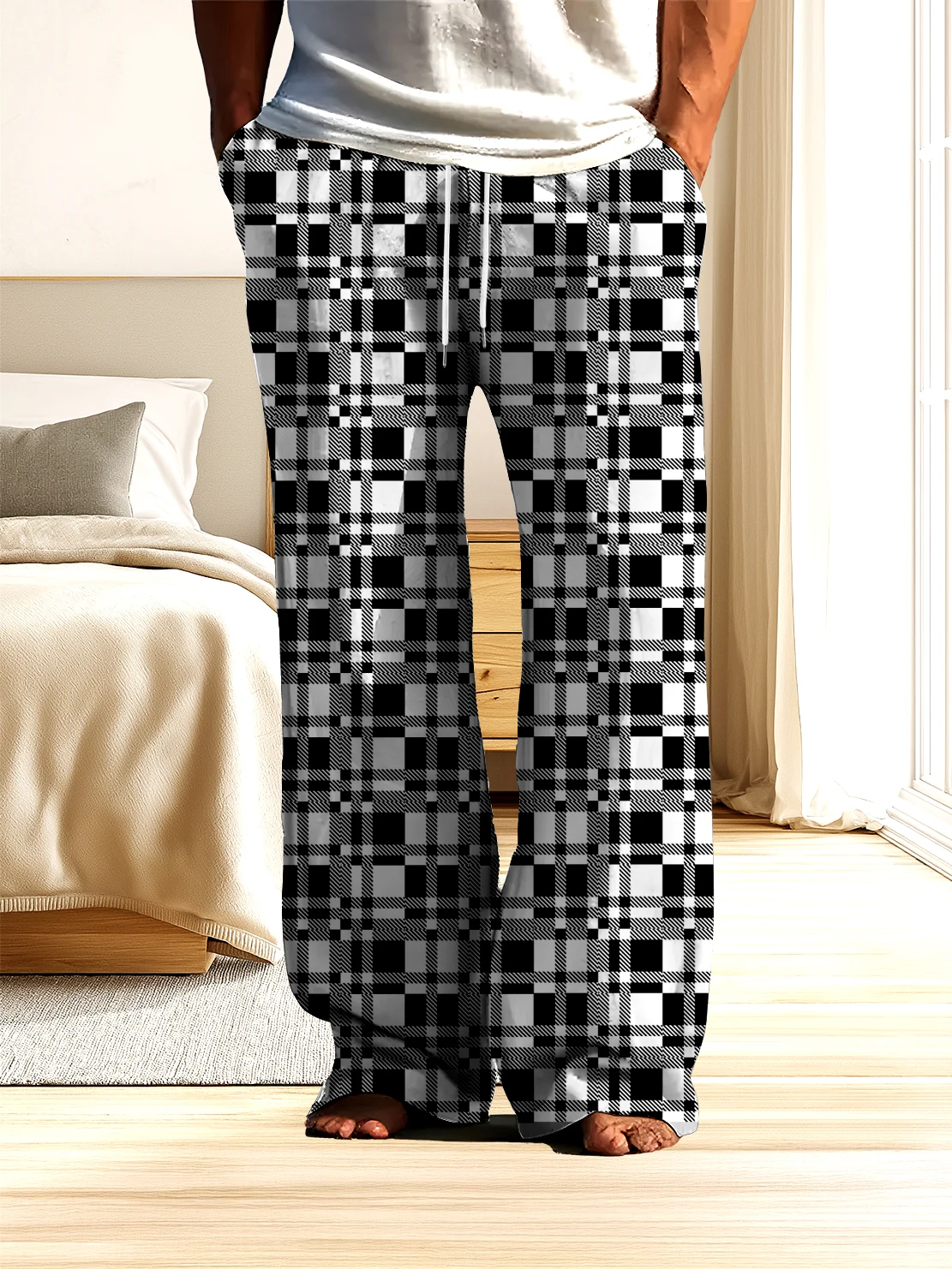 

Серо-белые мужские брюки с клетчатым узором и 3D цифровым принтом, мужские уличные повседневные брюки, которые быстро сохнуть и не выцветают.