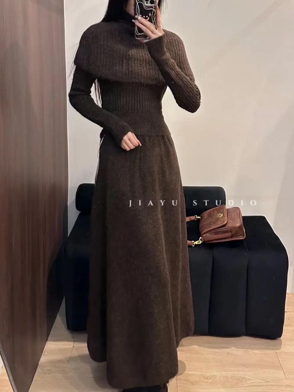 

Unique Super Chic Luxury Feel Women's Set Spring New High Neck Cape Knit Dress Three Piece Layering Outfit