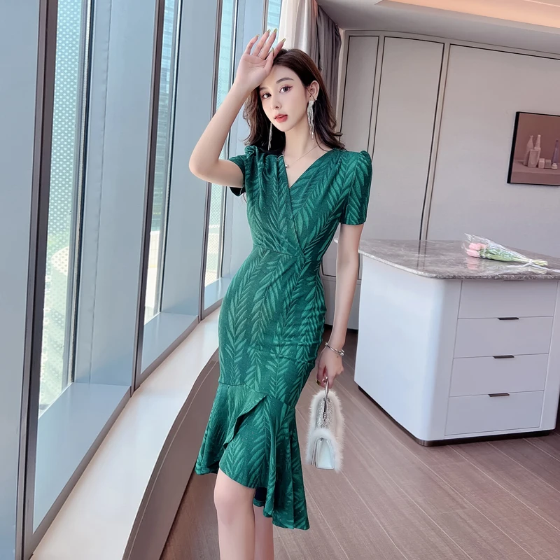 

V-neck Summer Women's Clothing 2022 Fishtail Elegant Midi Dress Short Sleeve Traf Woman Dresses Bodycon Female Chic Clothes Sexy