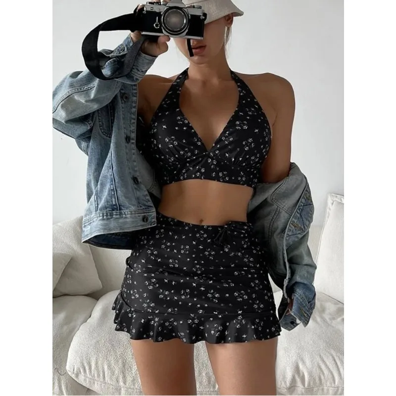Sexy Low Cut Bikini Set+Ruffles Skirt Cover-Up Women 3 Pieces Swimsuit Halter Bandage Monokini Backless Swimwear Bathing Suits