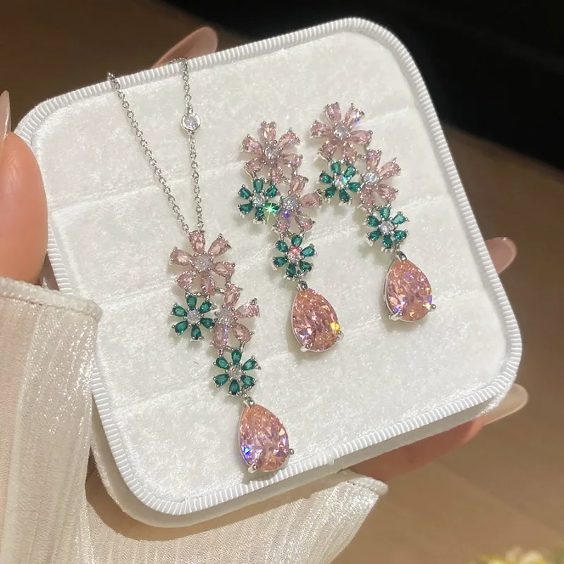 

Minar Luxury Pink Green CZ Cubic Zirconia Flower Jewelry Sets for Women Silver Plated Copper Pendant Necklaces Dangle Earrings