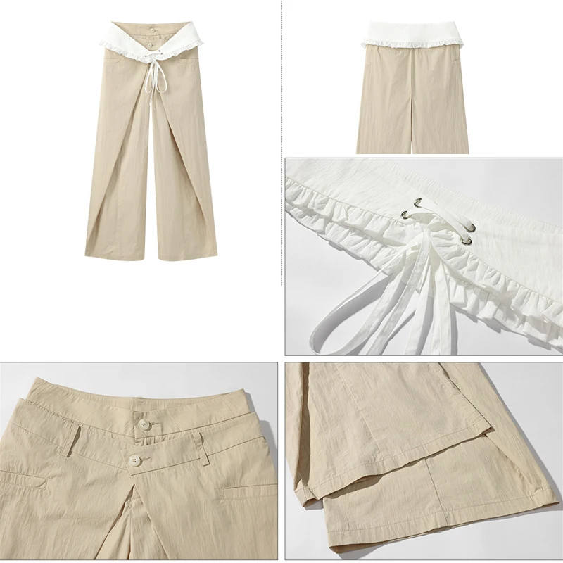 Double Waist White Corset Pants Wide Leg Pocket Apricot Pants Fashion Cargo Pants Loose Casual Trousers