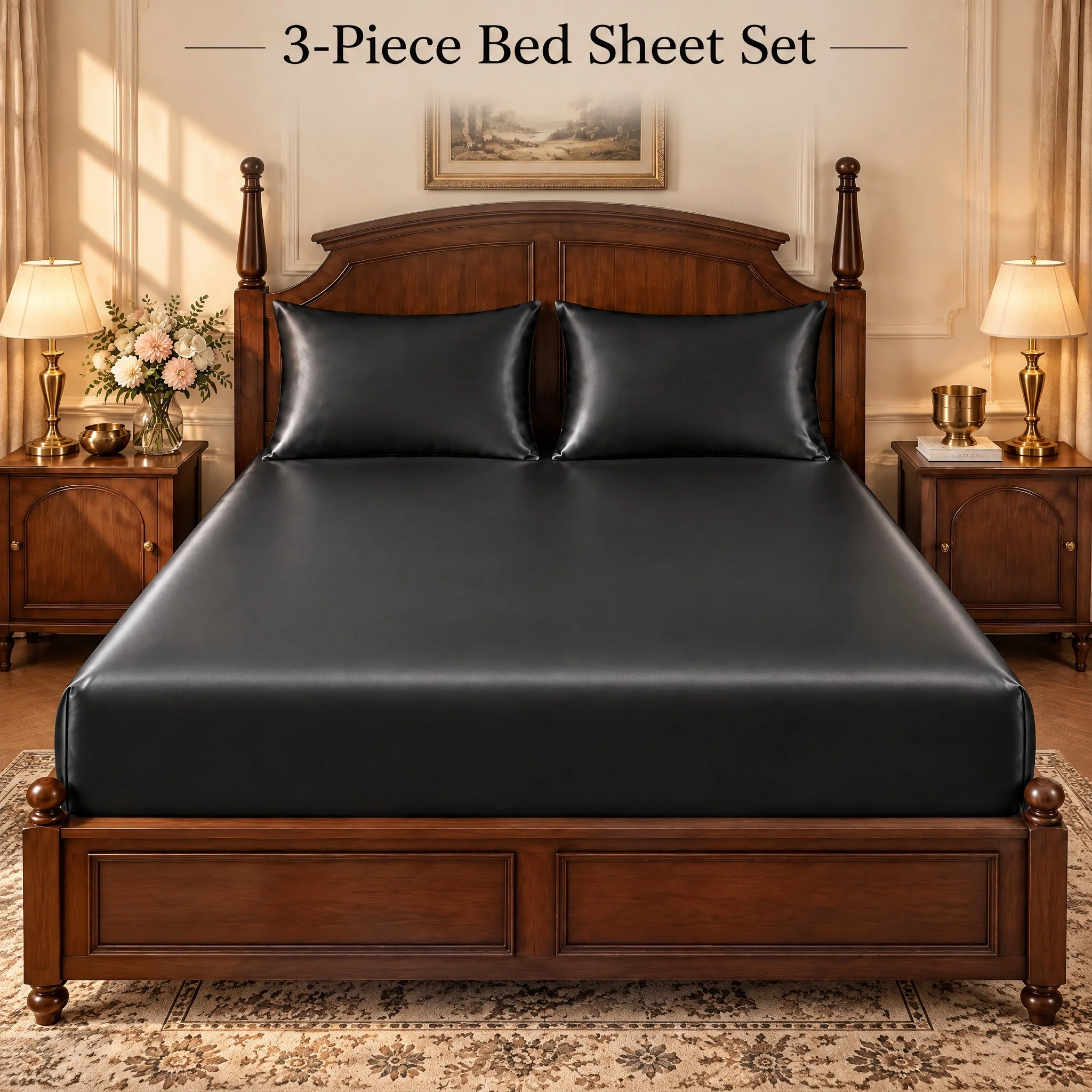 3Pcs Deep Pocket Fitted Sheet Set 1 Fitted Sheet 2 Pillowcases Luxury Smooth Bedding Wrinkle Fade Resistant Mattress Cover Easy Care for Bedroom Hotel Apartment Wedding Gift