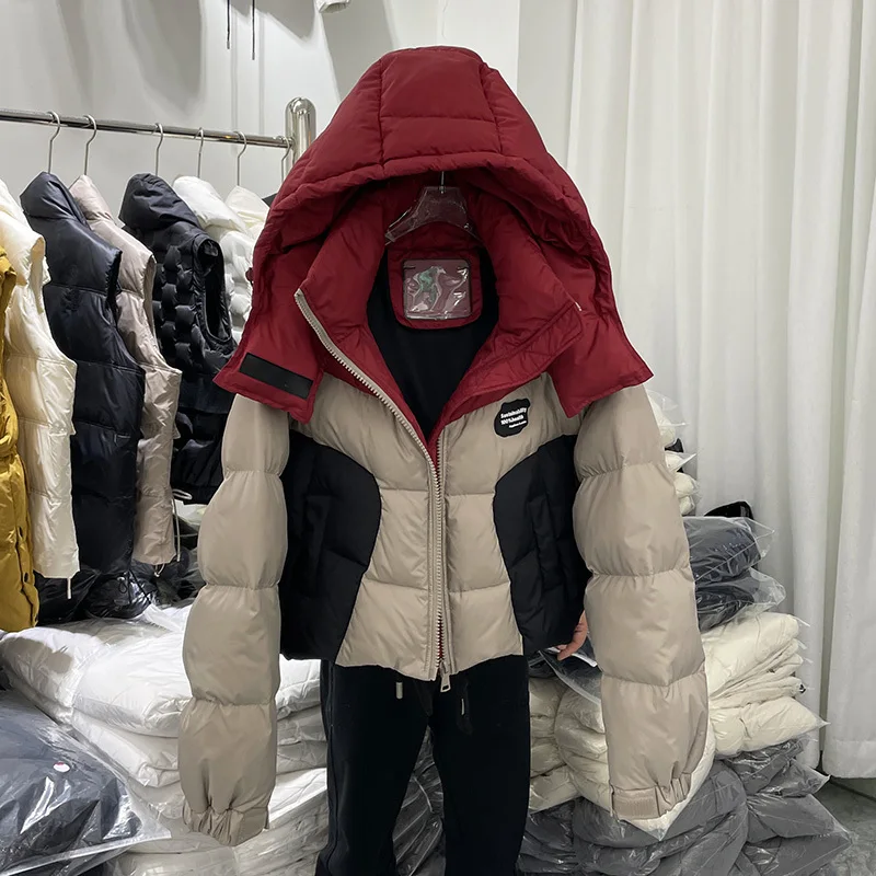 

New Down Jacket Women Wear Contrasting Hooded Warm Thick Windproof Bread Clothes Coat Long Sleeve Casual Clothes