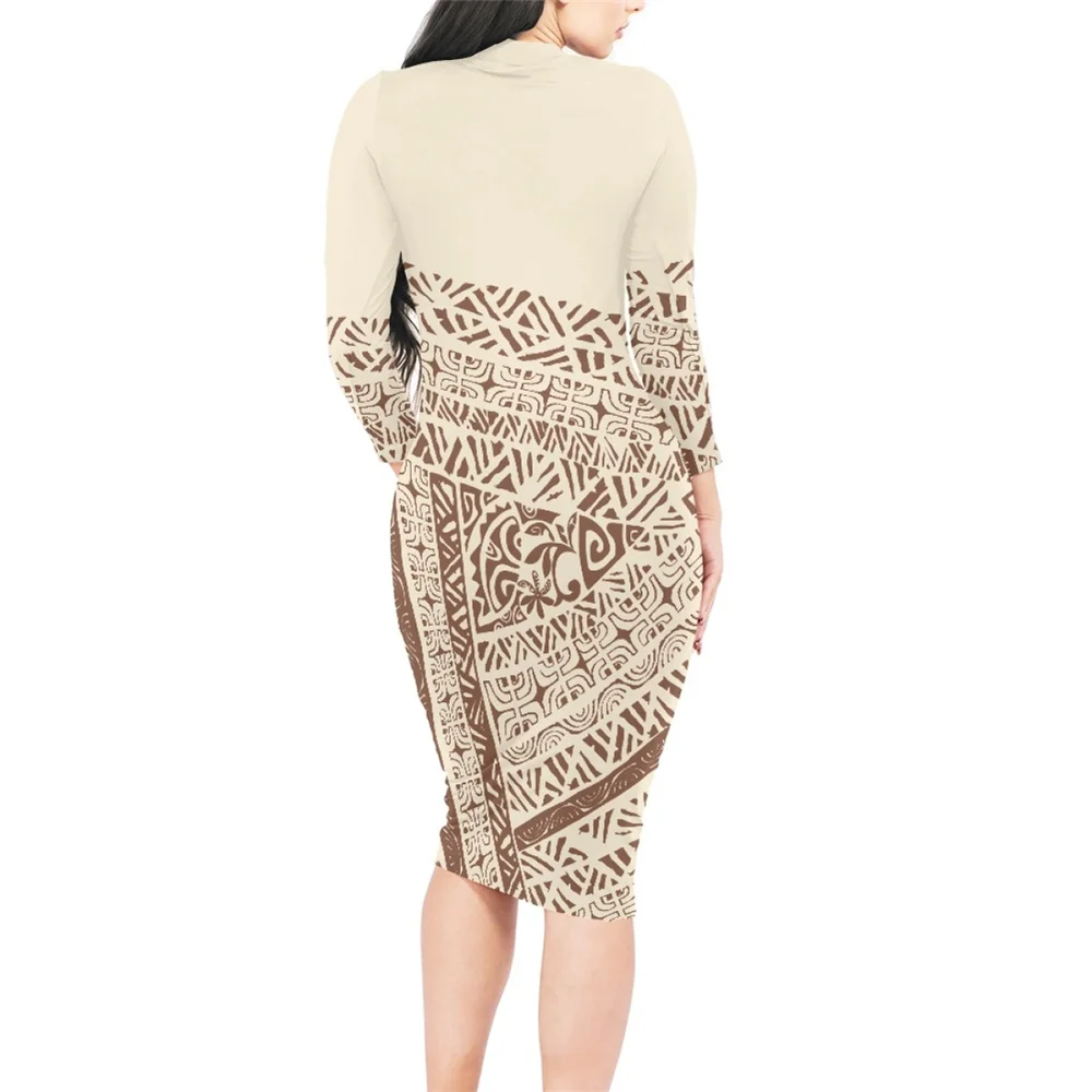 Polynesian Tribal Clothing Samoa Hawaiian Tapa O Neck Beige Maxi Dresses Printing Casual Long Sleeve Bodycon Oversized For Women