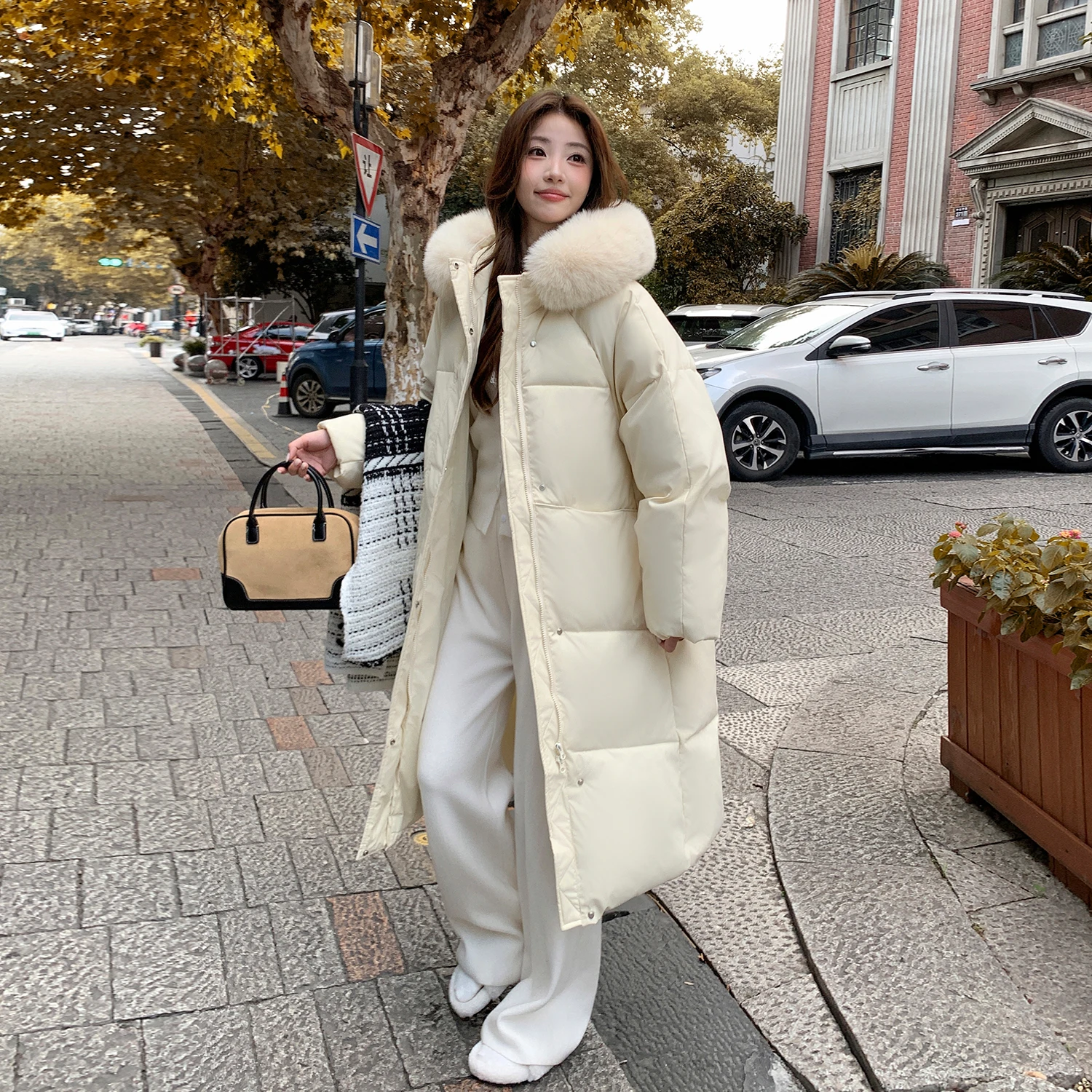 

Women Parkas Coat 2025 Winter Thicken Mid-Length Pink Padded Jacket Female Over-the-knee Jacket Fur Collar Warm Cotton Jacket