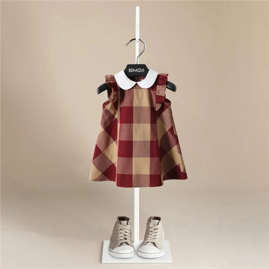 1-7 Years Baby Girls Flying Sleeve Plaid Print Dresses Clothes Kids Summer Princess Dress Children Party  Pageant Dress Outfit