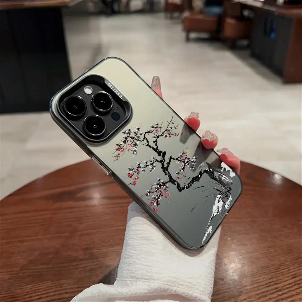 البرقوق بوسوم طلاء حبر جراب هاتف آيفون 11 12 13 14 15 16 17Pro ماكس الهواء زائد ضوء صغير فاخر الراقية الملونة الفضة Ca