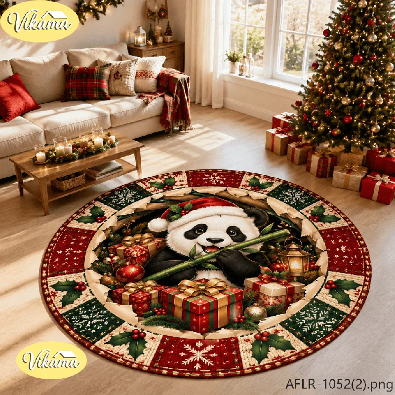 VIKAMA 3D Christmas Panda Round Rug Flannel Non Slip Circular Carpet Bamboo Gift Hat Pattern Living Room Bedroom Floor Mat Xmas