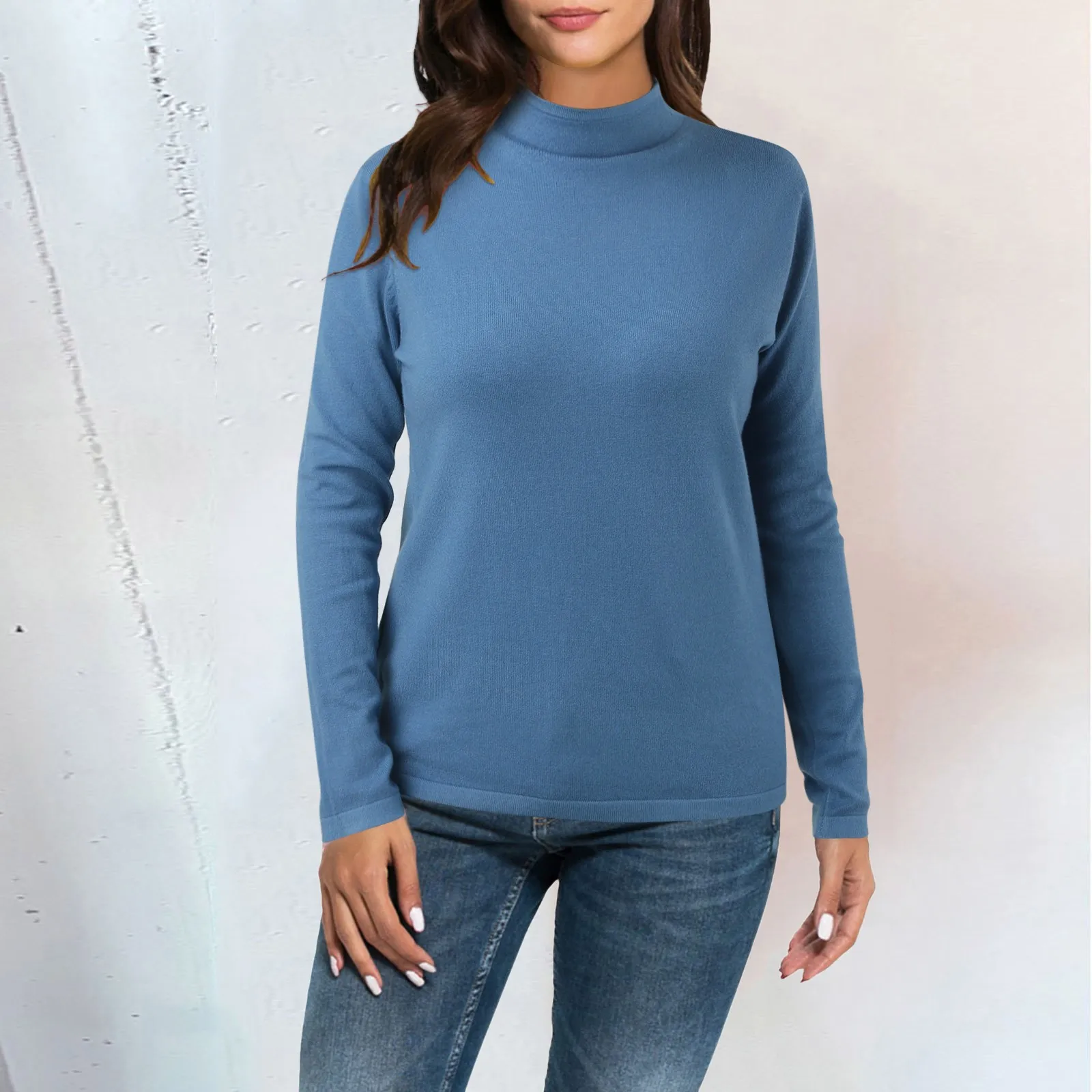 Women Knitted Pullover Casual Solid Color Sweatshirt Slim Fit Half High Neck Knitted Long Sleeved Base Tops Bottom Warm Sweater