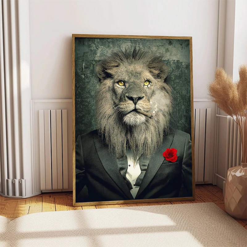 Lion Man Smoking Cigar in Suit Canvas Painting Print Noble Maned Lion Poster Wall Art Picture for Living Room Home Decor Cuadros