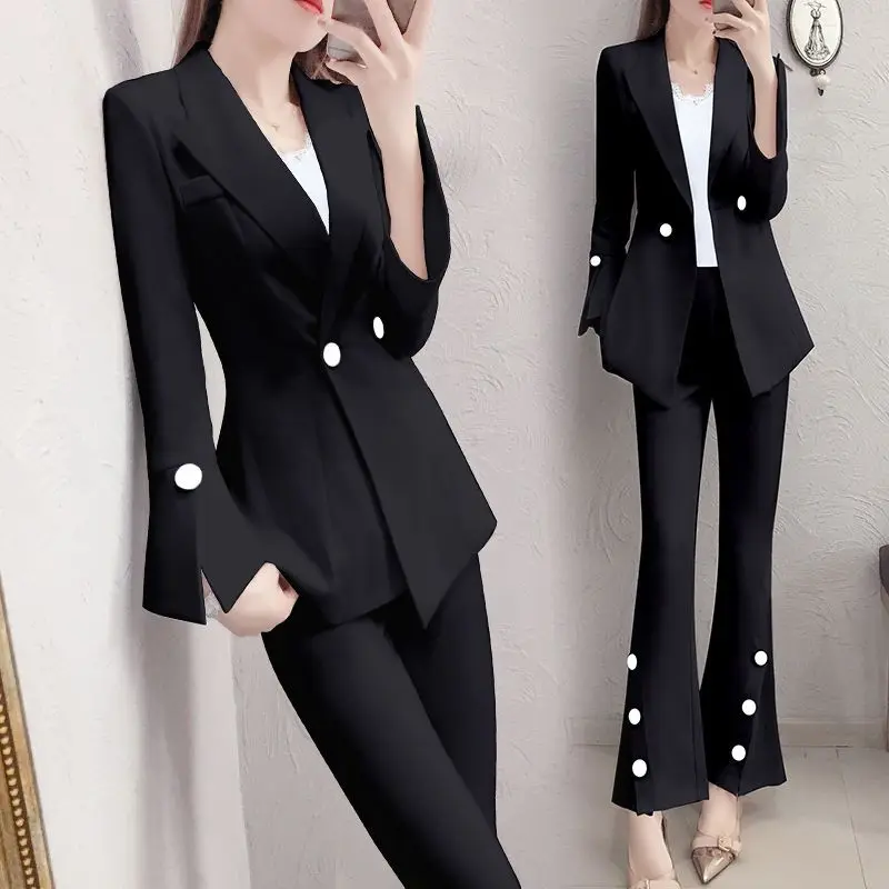 Primavera nova moda coreana fino ajuste jaqueta casaco moda alargamento calças duas peças elegantes calças femininas terno blazer outfits