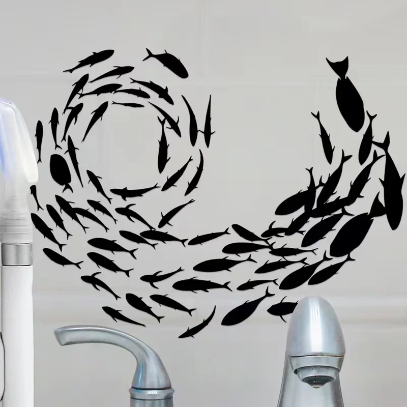 One Minimalist Black Fish Swarm Silhouette Sticker Featuring an Abstract Aquatic Design, Ideal for Enhancing a Stylish, Artistic
