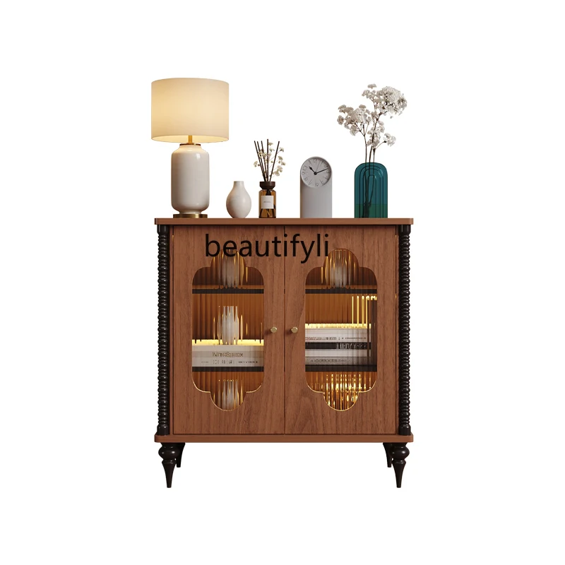 

French medieval entrance cabinet solid wood carving corrugated glass decoration light luxury wall integrated locker