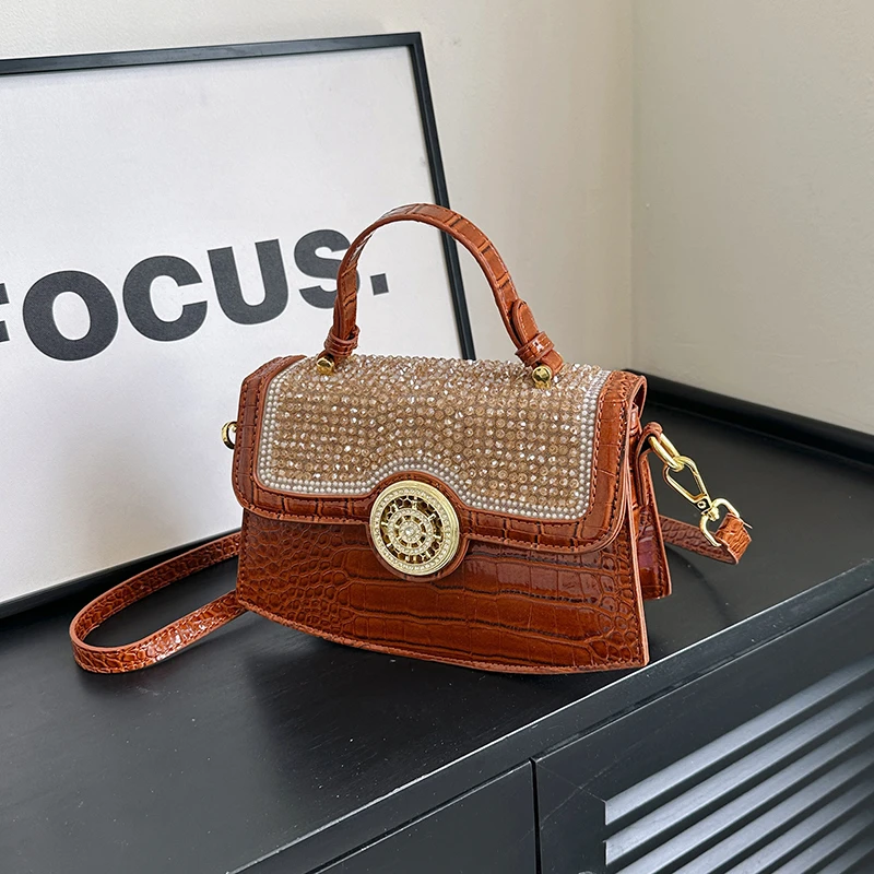 Shine Diamonds PU Square Shoulder Bags Alligator Sense of Luxury Grace Hand Bags for Women 2024 Fashion High Quality New Style