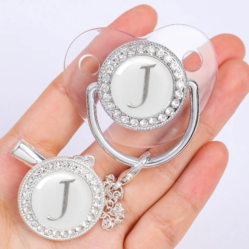 Baby personalisierte Schnuller Clip Neugeborenen Luxus Schnuller Halter Brief Silber Bling Säugling transparent Silikon Beißring BPA frei