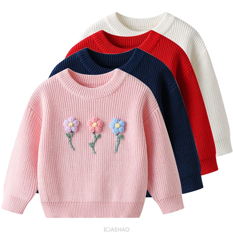 

Teen Girl Clothes Children Korean Style Hand Embroidered Floral Baby Girls Knit Sweater DIY Birthday Pullover Simple Kids Outfit