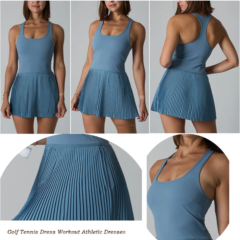 VITALINOVO Damen-Tenniskleid, U-Ausschnitt, integrierter BH, Golf-Sportkleid ohne Shorts, Racerback, Workout, Gym, plissierte Minikleider – Detail 6