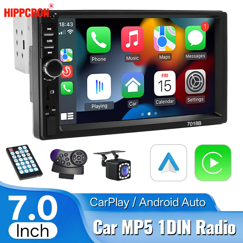 Hippcron 7 Inch 1 Din HD Touch Screen Car Video Player, Wired CarPlay Android Auto MP5 Stereo with AUX Bluetooth